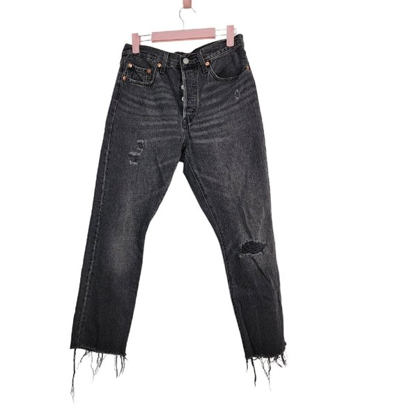 Levi's 501 Skinny in Black Stick Rigid Non-Stretch Denim Jeans Raw Hem 28x24 - Picture 1 of 4
